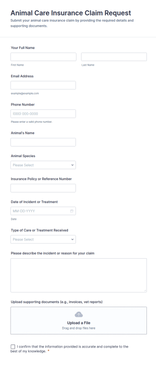 Animal Care Insurance Claim Request Form Template