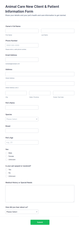 Animal Care New Client &amp Patient Information Form Template