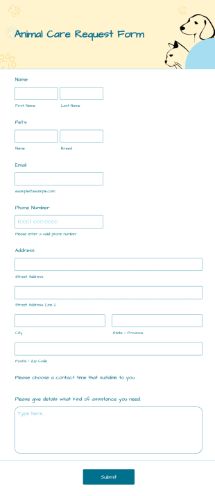 Animal Care Request Form Template