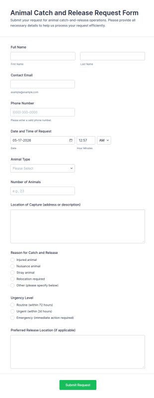 Animal Catch And Release Request Form Template