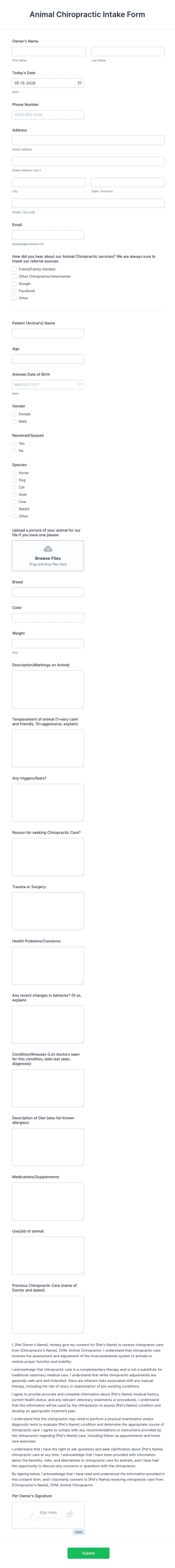 Animal Chiropractic Intake Form Template