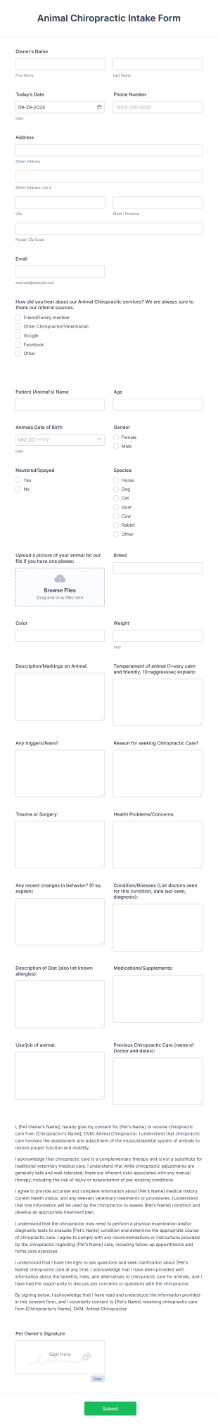 Animal Chiropractic Intake Form Template