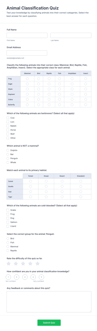 Animal Classification Quiz Form Template
