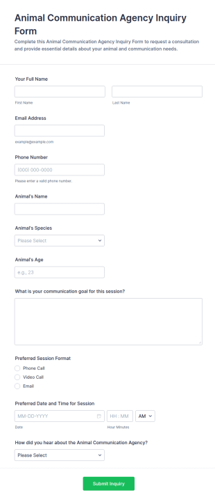 Animal Communication Agency Inquiry Form Template