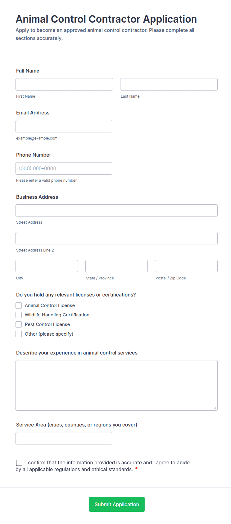Animal Control Contractor Application Form Template | Jotform