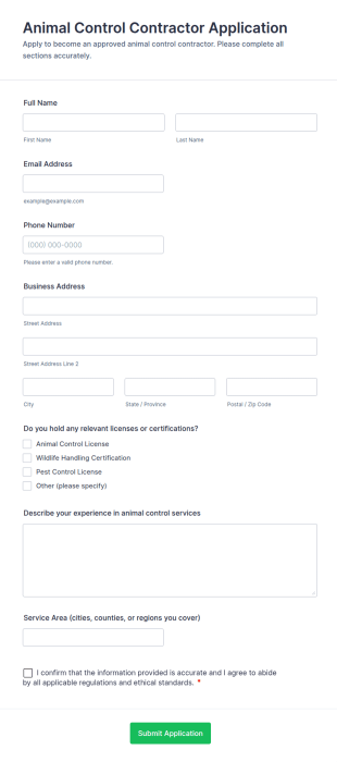 Animal Control Contractor Application Form Template