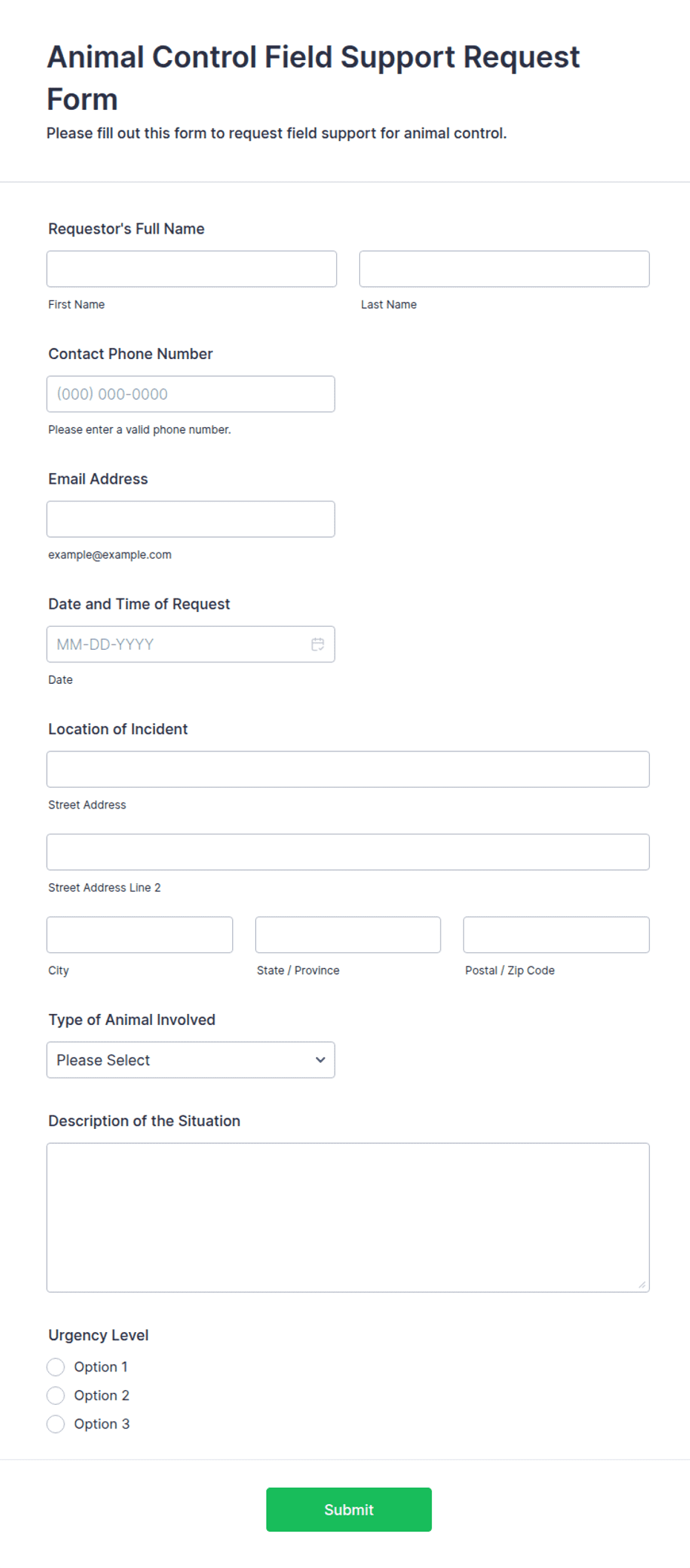 Animal Control Field Support Request Form Template | Jotform