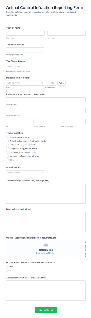 Animal Control Infraction Reporting Form Template