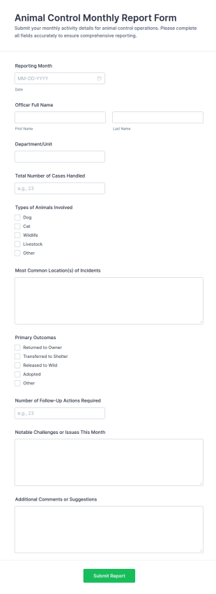 Animal Control Monthly Report Form Template