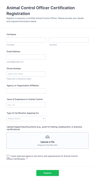 Animal Control Officer Certification Registration Form Template