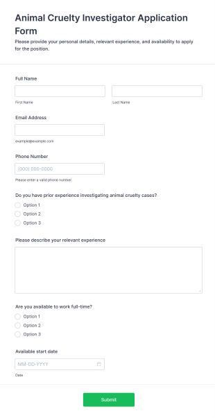 Animal Cruelty Investigator Application Form Template