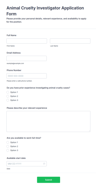 Animal Cruelty Investigator Application Form Template
