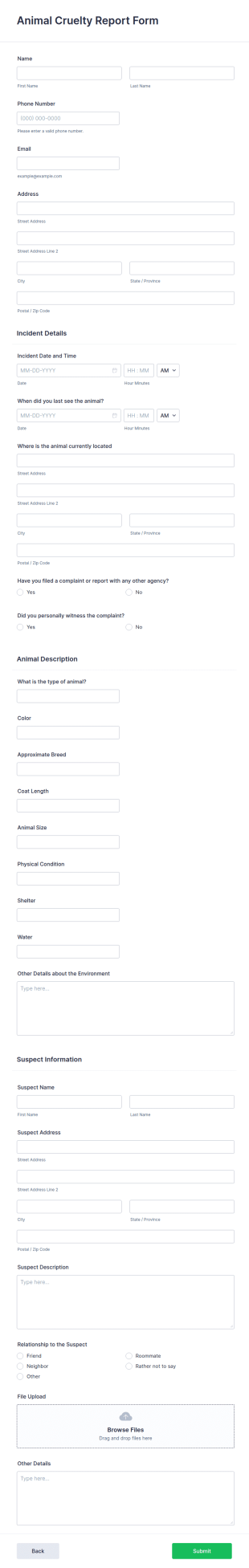 Animal Cruelty Report Form Template
