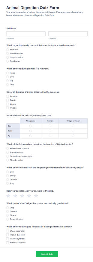 Animal Digestion Quiz Form Template