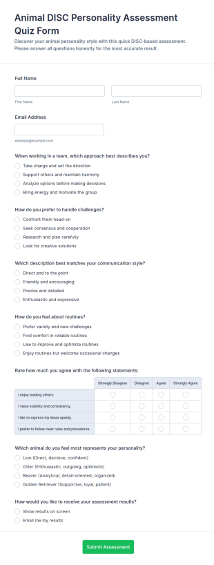 Animal DISC Personality Assessment Quiz Form Template