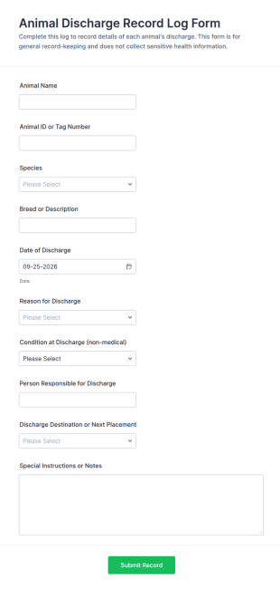 Animal Discharge Record Log Form Template