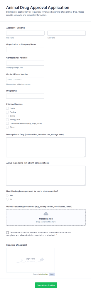 Animal Drug Approval Application Form Template