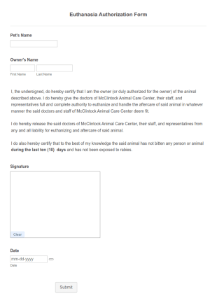 Animal Euthanasia Authorization Form Template