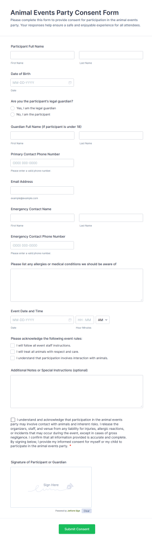 Animal Events Party Consent Form Template