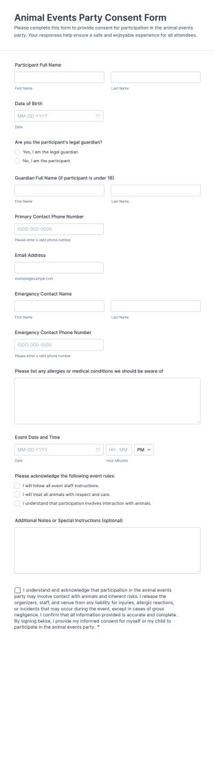 Animal Events Party Consent Form Template