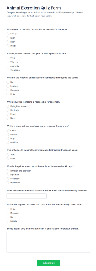 Animal Excretion Quiz Form Template