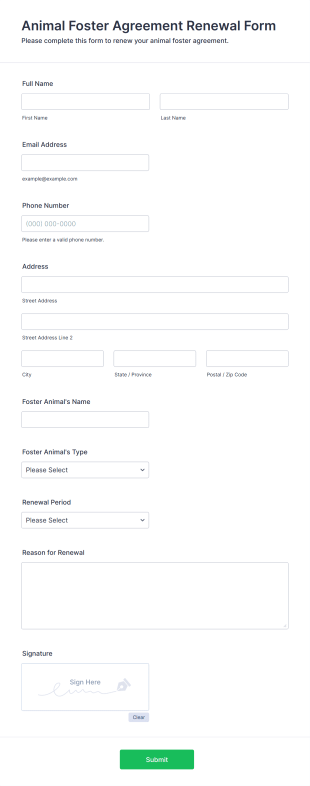 Animal Foster Agreement Renewal Form Form Template