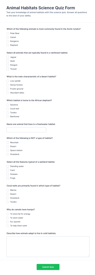 Animal Habitats Science Quiz Form Template