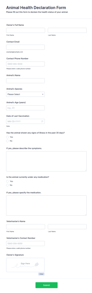 Animal Health Declaration Form Template