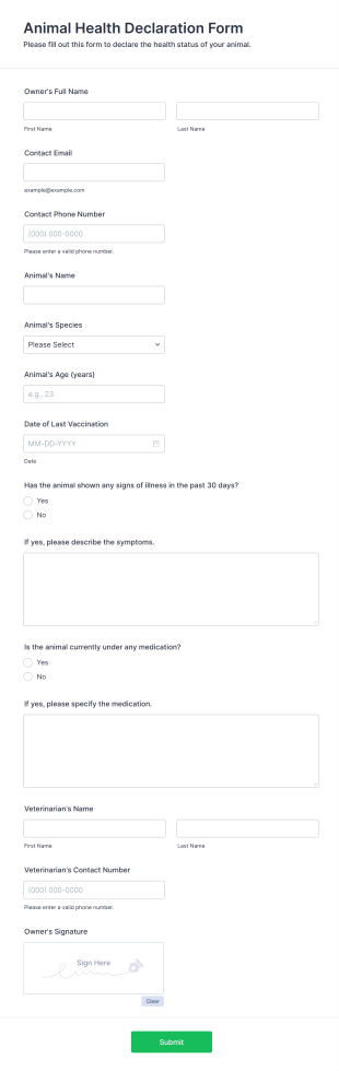 Animal Health Declaration Form Form Template