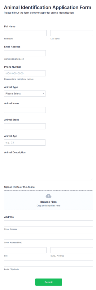 Animal Identification Application Form Template