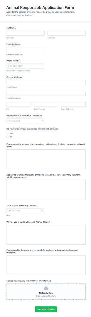 Animal Keeper Job Application Form Template
