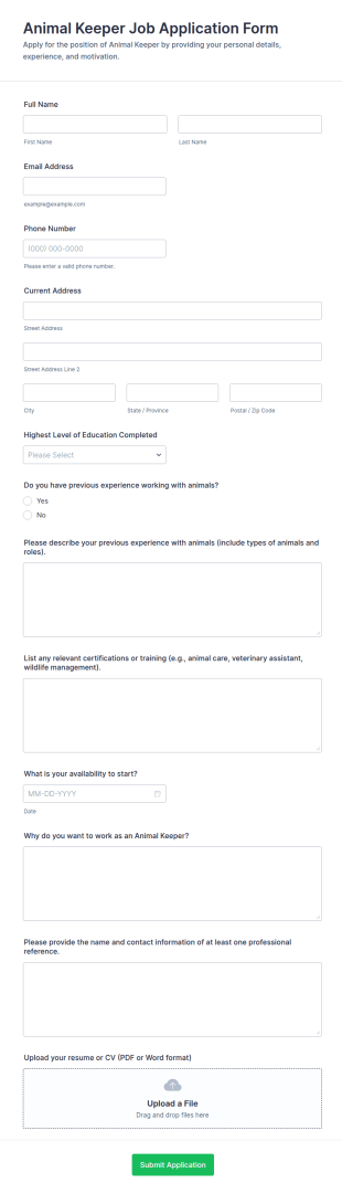 Animal Keeper Job Application Form Template