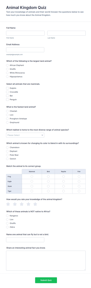 Animal Kingdom Quiz Form Template