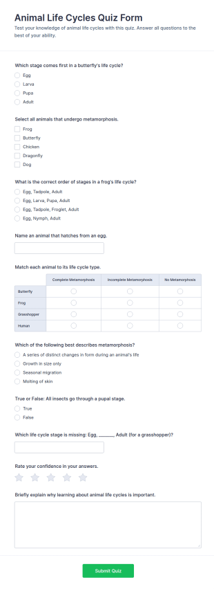Animal Life Cycles Quiz Form Template