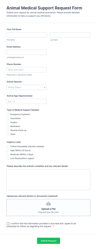 Animal Medical Support Request Form Template