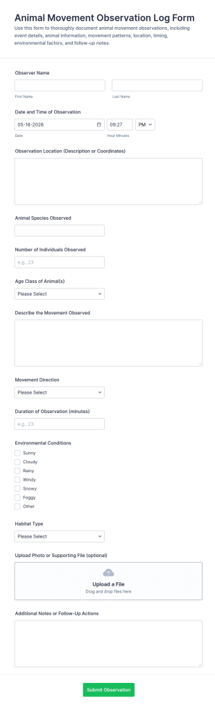 Animal Movement Observation Log Form Template
