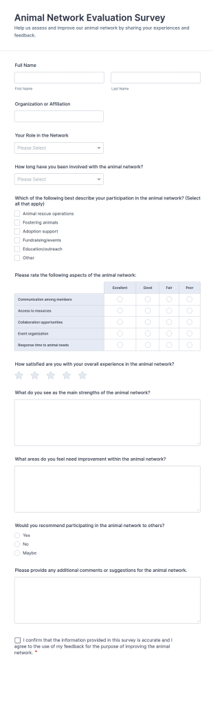 Animal Network Evaluation Survey Form Template