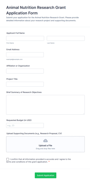 Animal Nutrition Research Grant Application Form Form Template