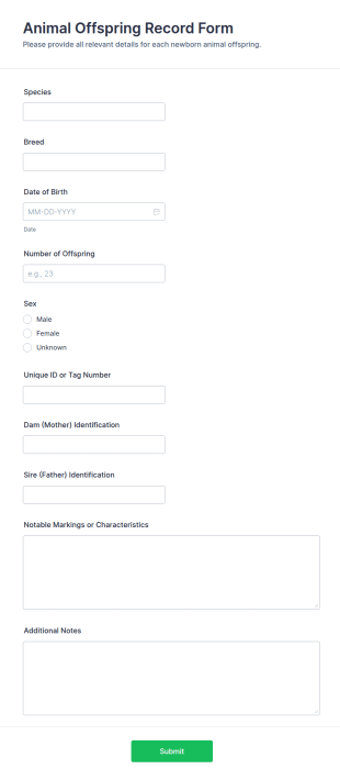 Animal Offspring Record Form Template
