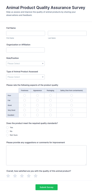 Animal Product Quality Assurance Survey Form Template