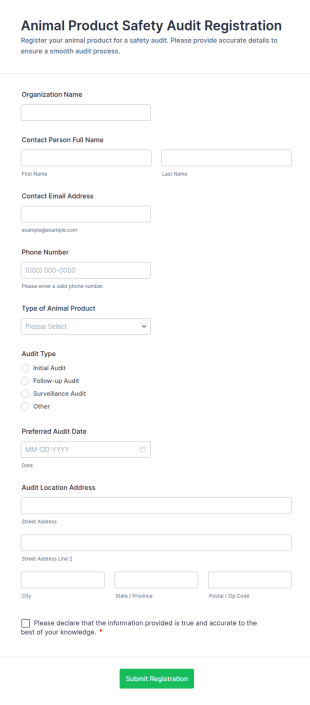 Animal Product Safety Audit Registration Form Template