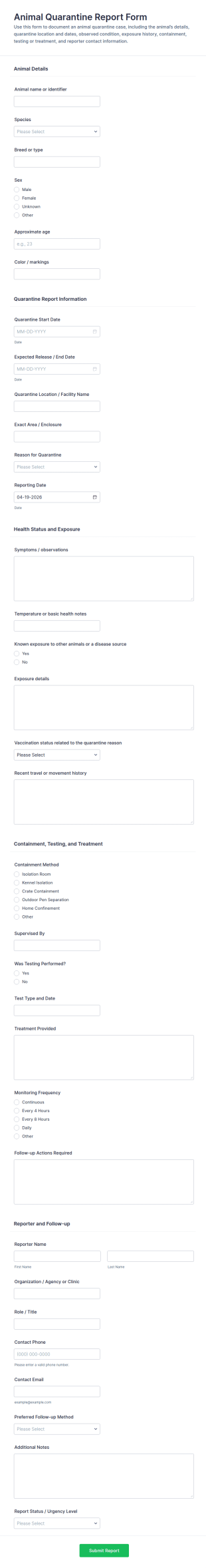 Animal Quarantine Report Form Template