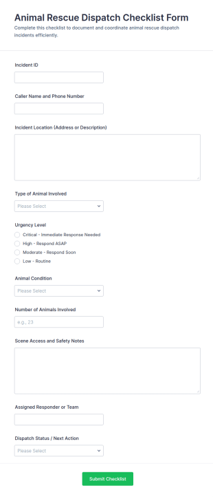 Animal Rescue Dispatch Checklist Form Template