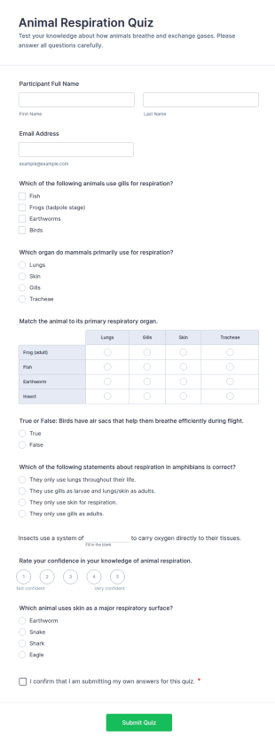 Animal Respiration Quiz Form Template