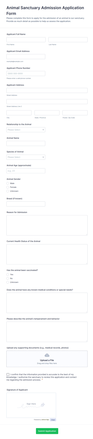 Animal Sanctuary Admission Application Form Form Template