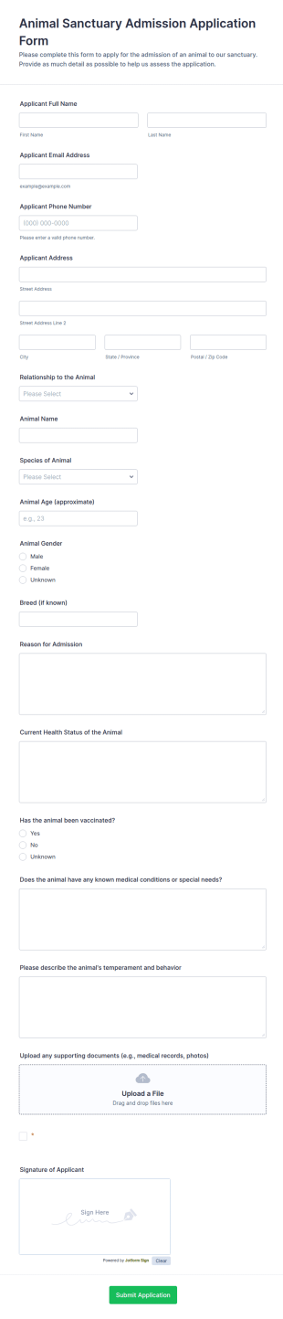 Animal Sanctuary Admission Application Form Template