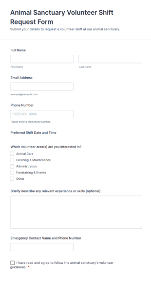 Animal Sanctuary Volunteer Shift Request Form Template