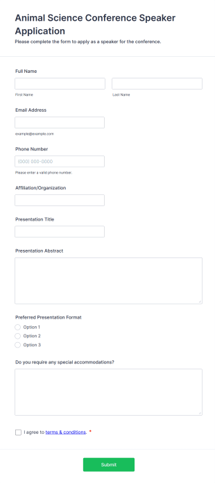 Animal Science Conference Speaker Application Form Form Template