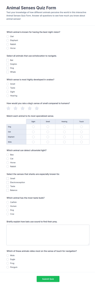 Animal Senses Quiz Form Template