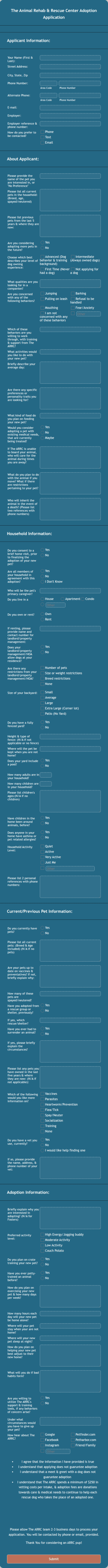 Animal Shelter Adoption Application Form Template